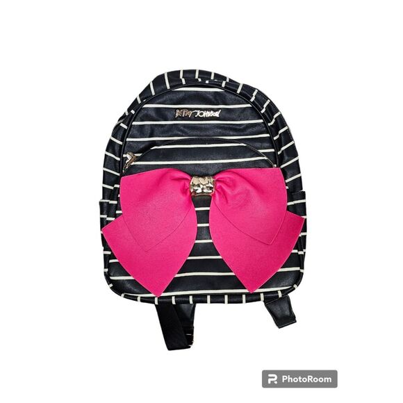 Betsey Johnson Handbags - Bow Striped Faux Leather Backpack Black White Pink
